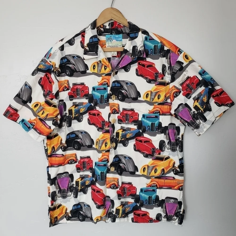 Paradise on a Hanger Men's Large Short Sleeve Button Up Shirt Colorful Hot Rod